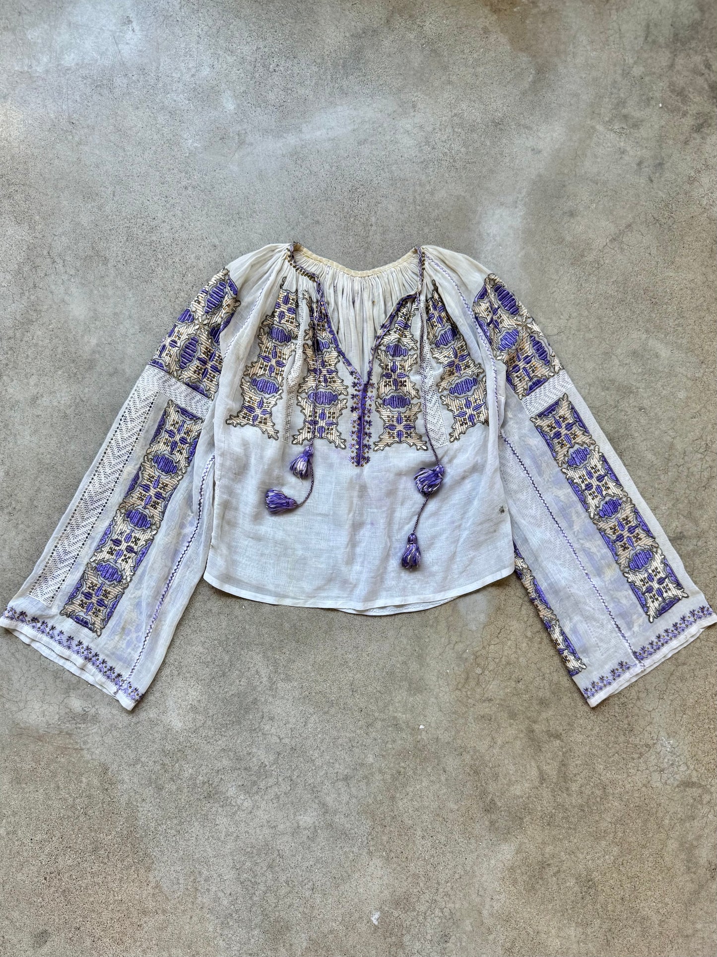 Vintage Romanian Folk Embroidered Gauze Peasant Blouse | Small