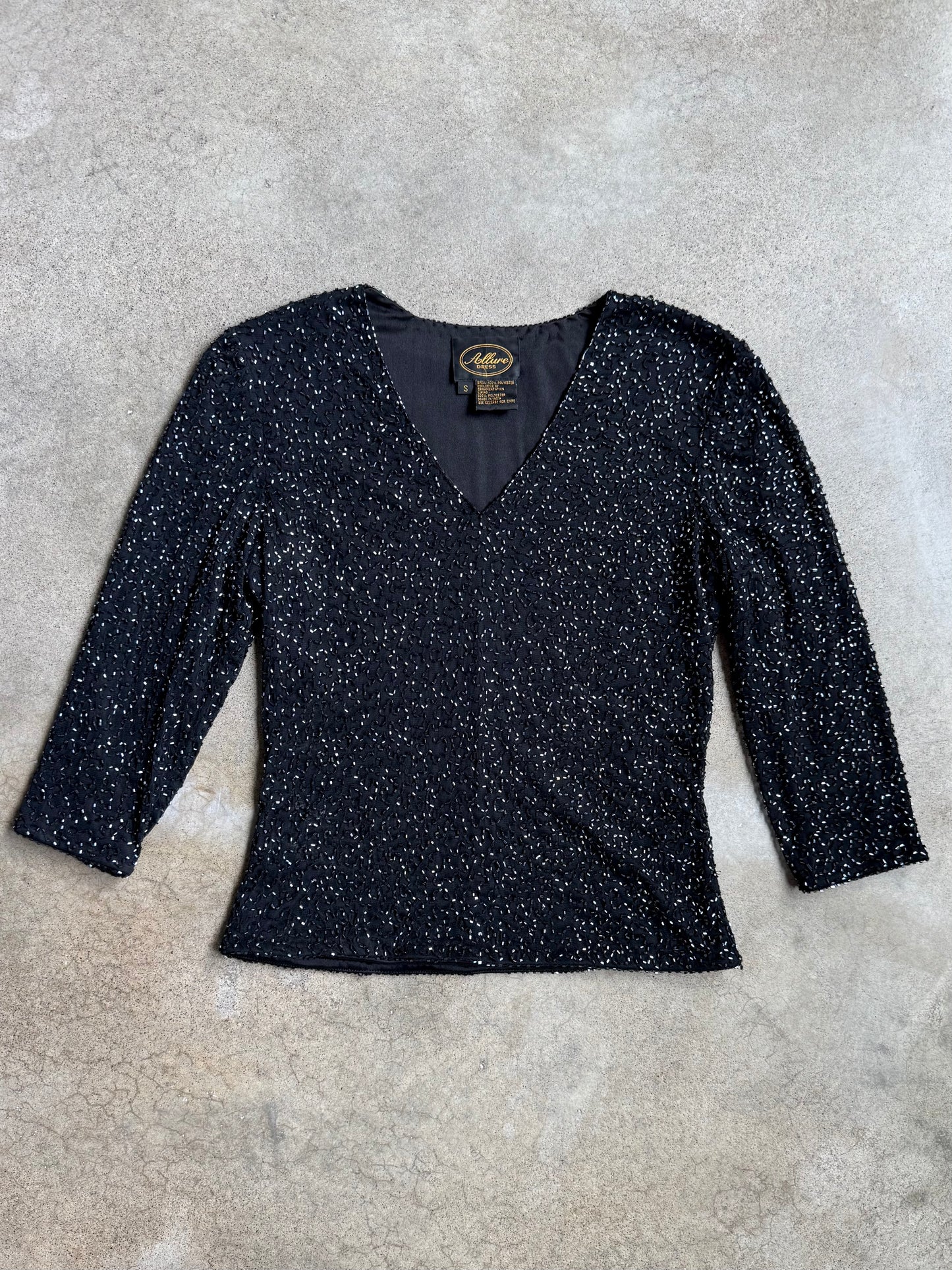 Vintage 1990s Allure Black Beaded V-Neck Top | Small