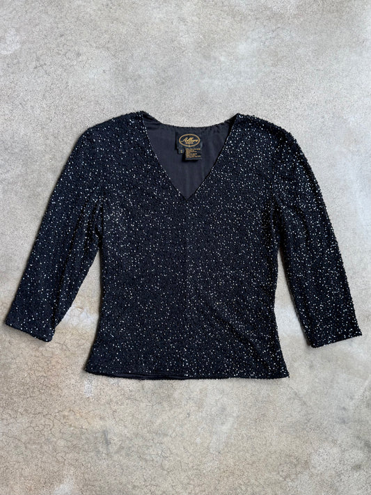 Vintage 1990s Allure Black Beaded V-Neck Top | Small