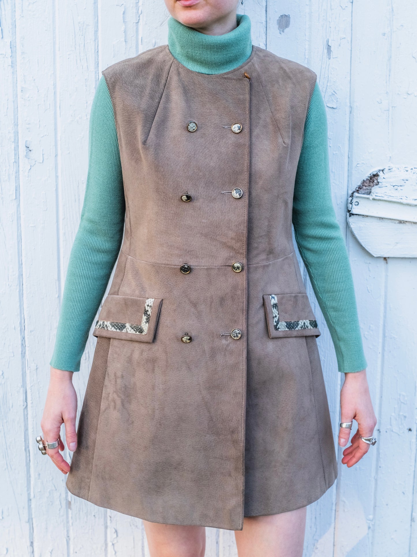 Vintage 1960s Suede Button-Front Mini Dress w/ Faux Snakeskin Trim | S/M