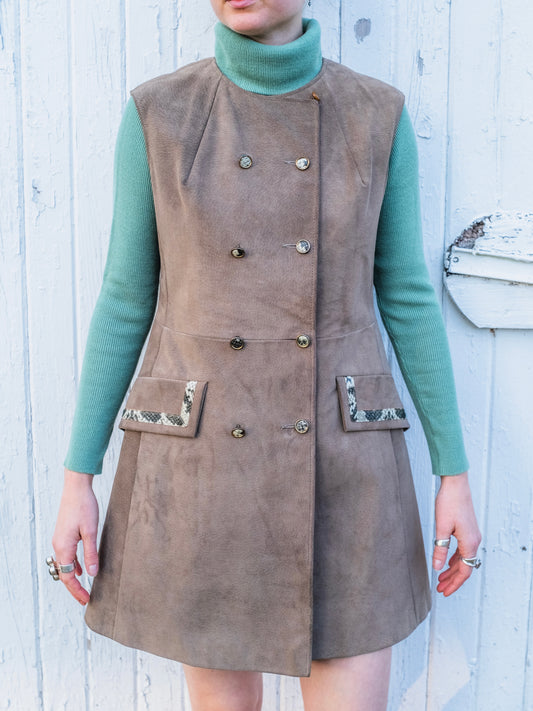 Vintage 1960s Suede Button-Front Mini Dress w/ Faux Snakeskin Trim | S/M