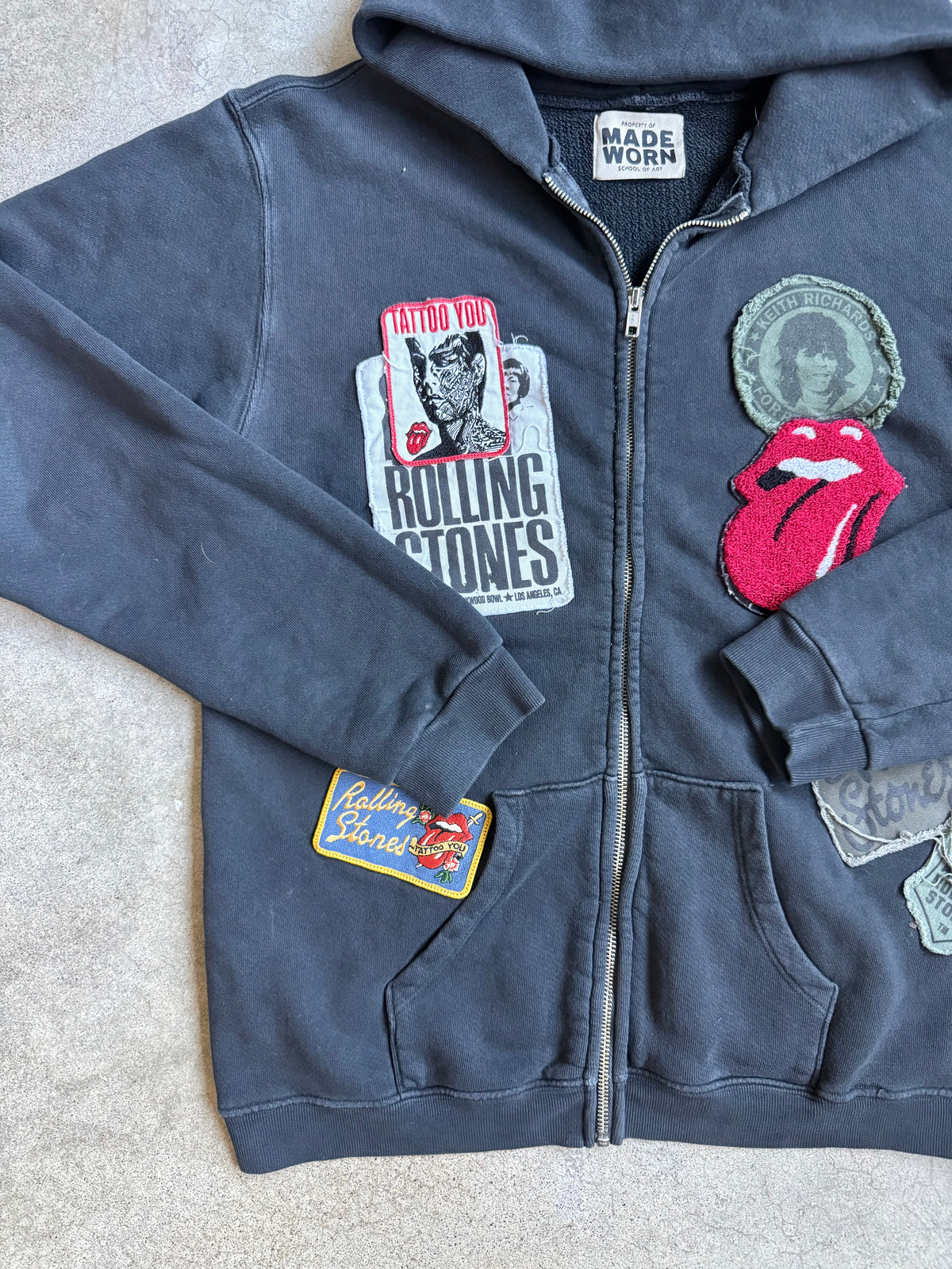 Made Worn Rolling Stones Patched Black Cotton Zip-Up Hoodie | Medium