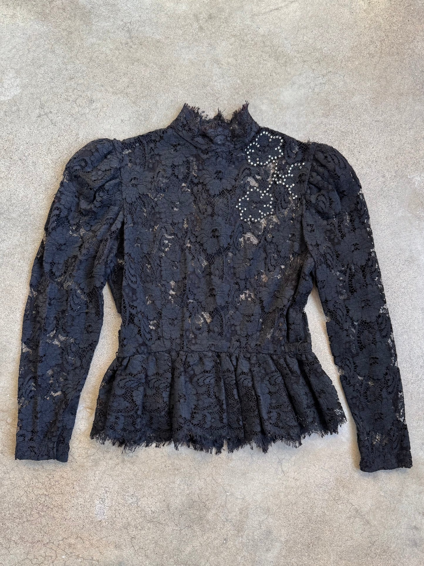 Vintage 1980s Black Lace Mesh Victorian-Style Peplum Top | Small