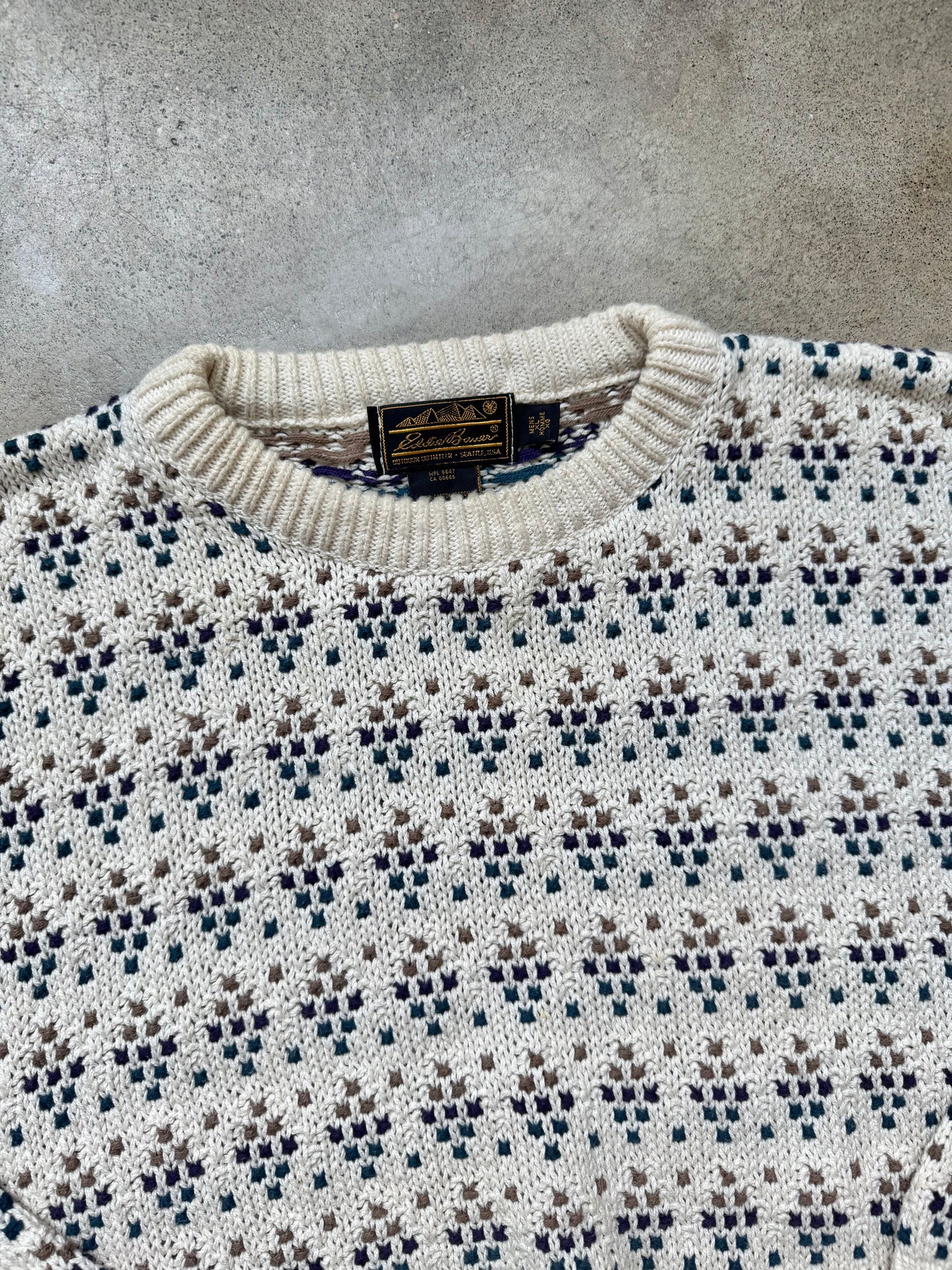 Vintage 1990s Eddie Bauer Cream Patterned Knit Cotton Crewneck Sweater | XL