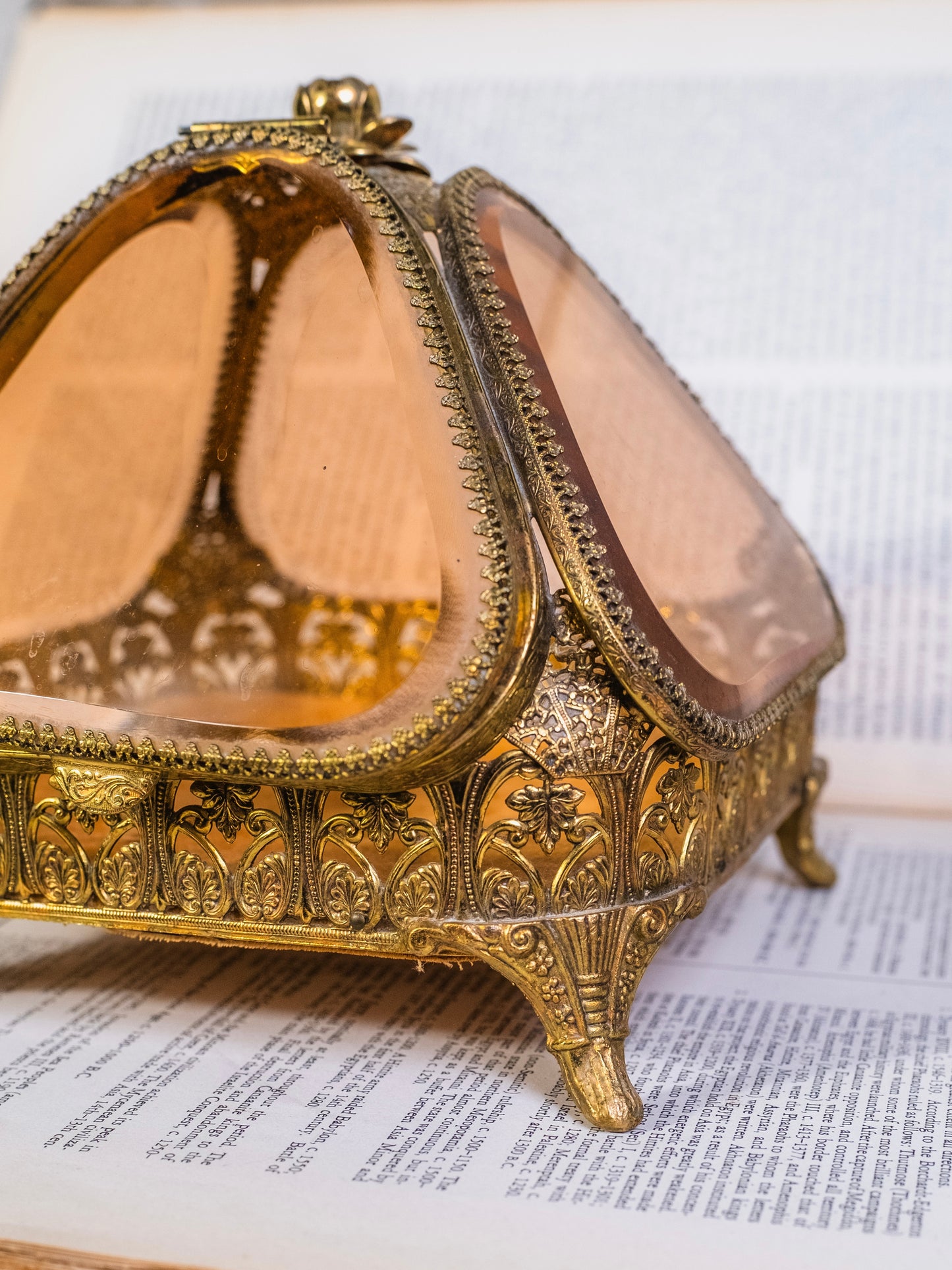 Antique French Ormolu Gold Filigree & Amber Glass Pyramid Box