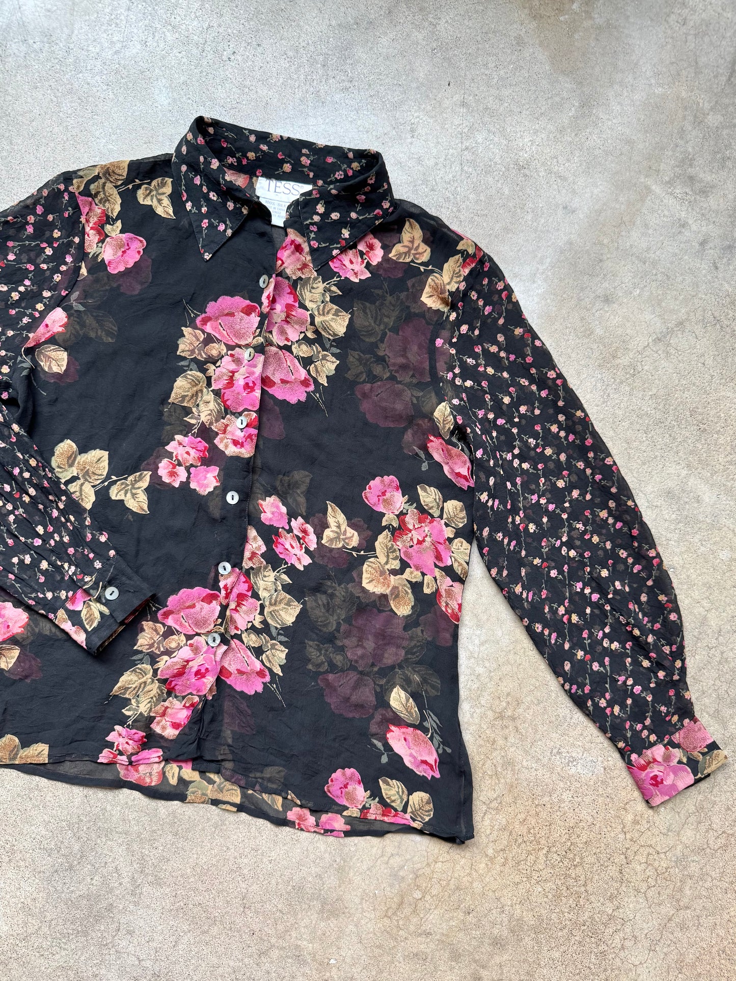 Vintage 1990s Tess Multi Floral Print 100% Silk Sheer Blouse | Large