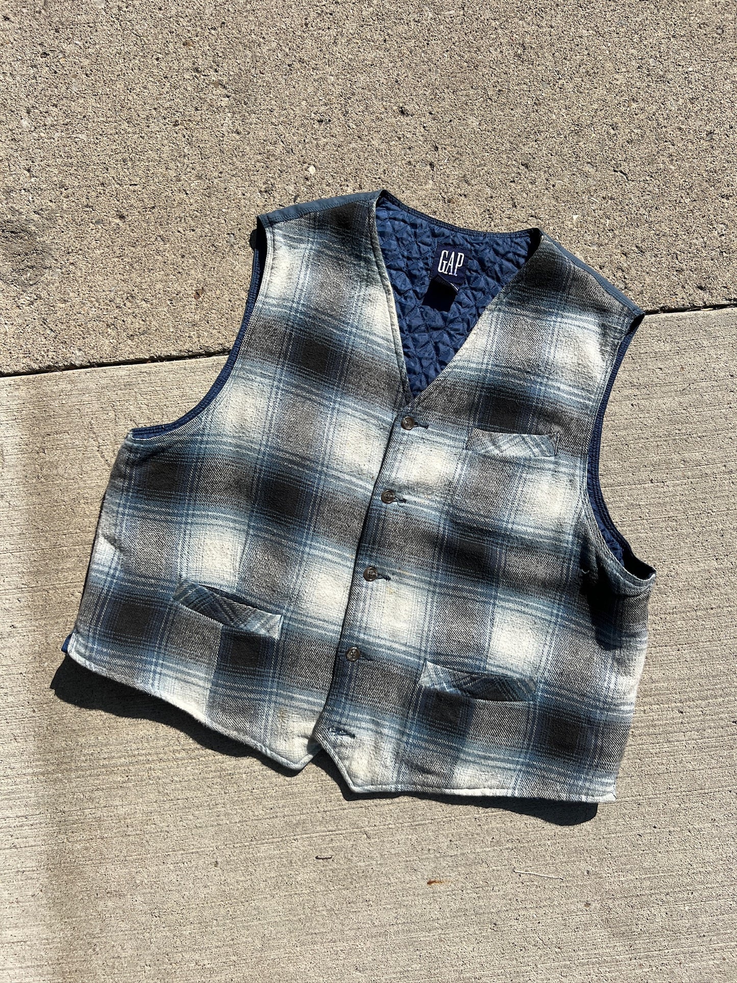 Vintage 1990s Gap Blue Plaid Cotton Vest | XL