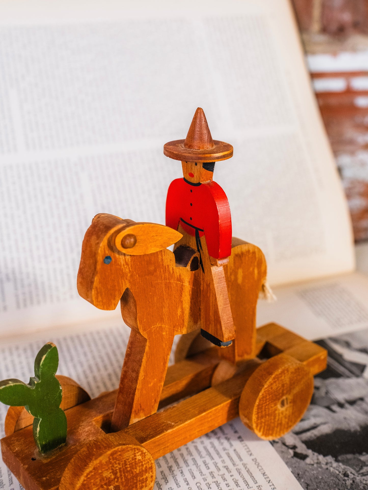 Vintage Folk Art “Donkey & Rider” Wooden Pull Toy