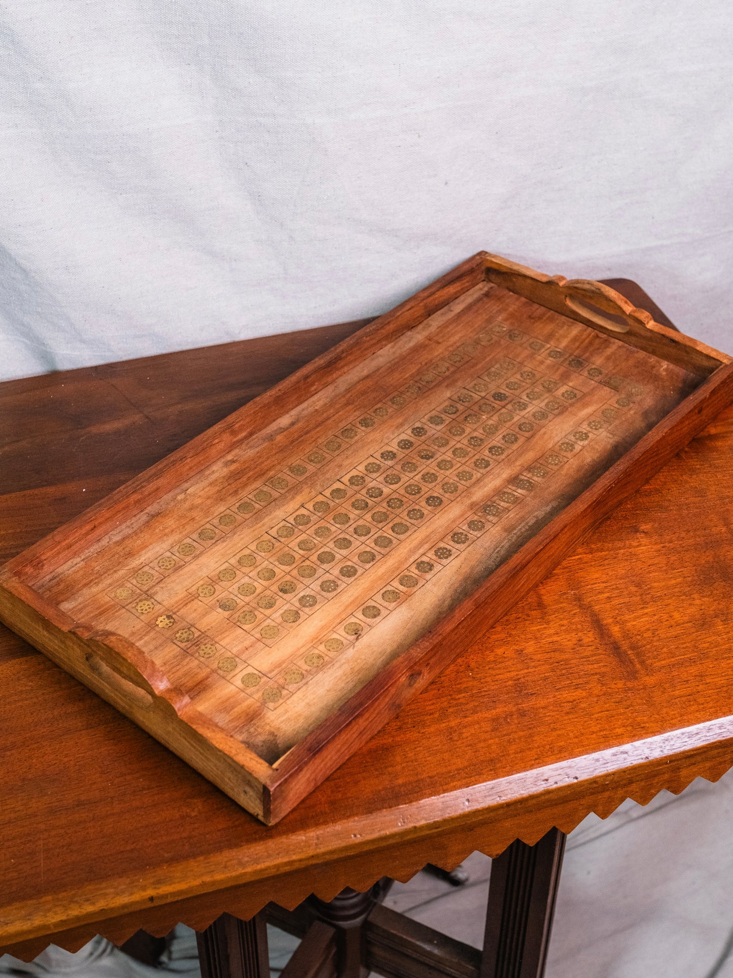Vintage 1950s Teakwood Brass Inlay Floral Pattern Serving Tray