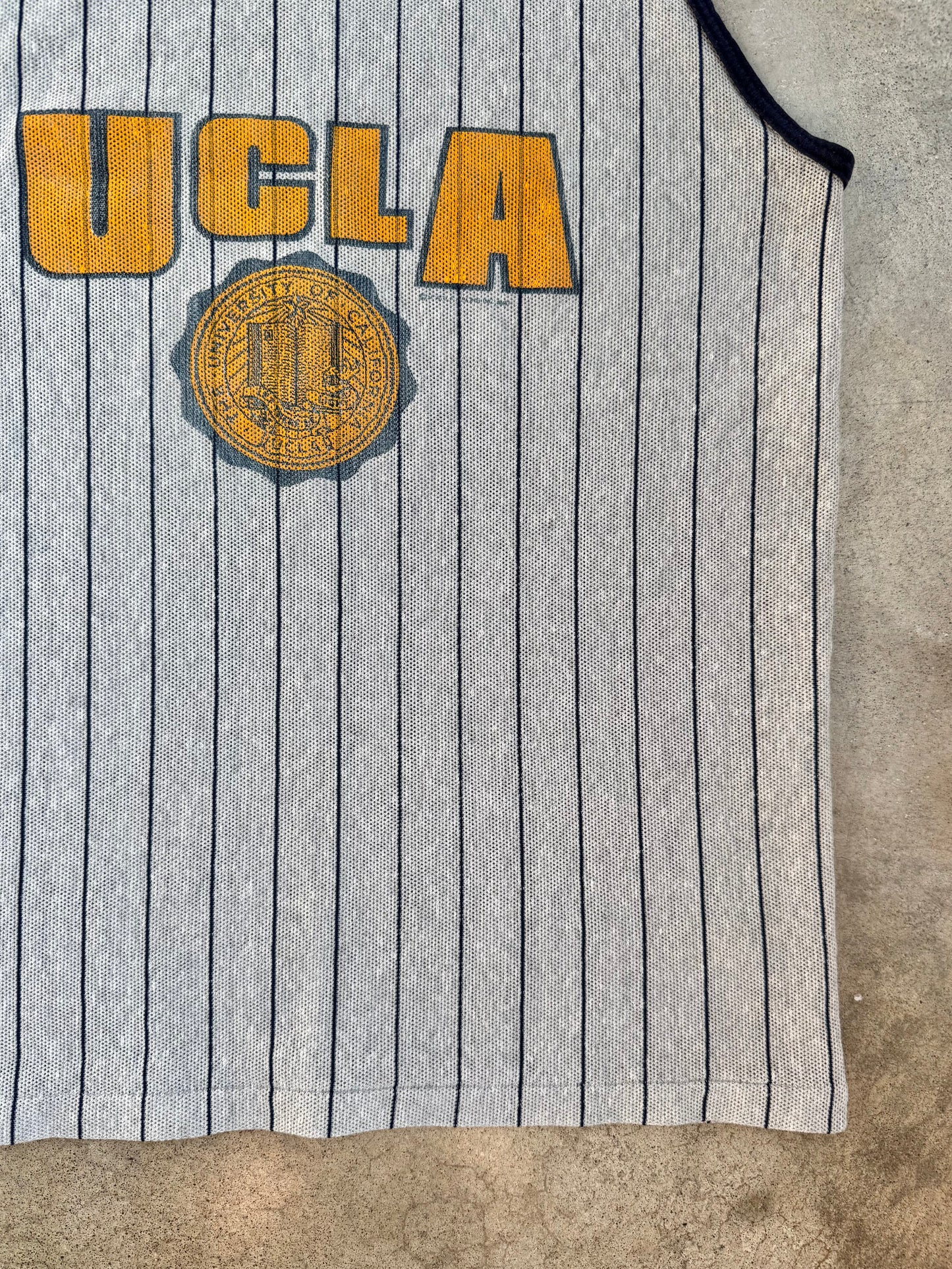Vintage 1980s Grey & Blue UCLA Striped Mesh Tank Top | Large