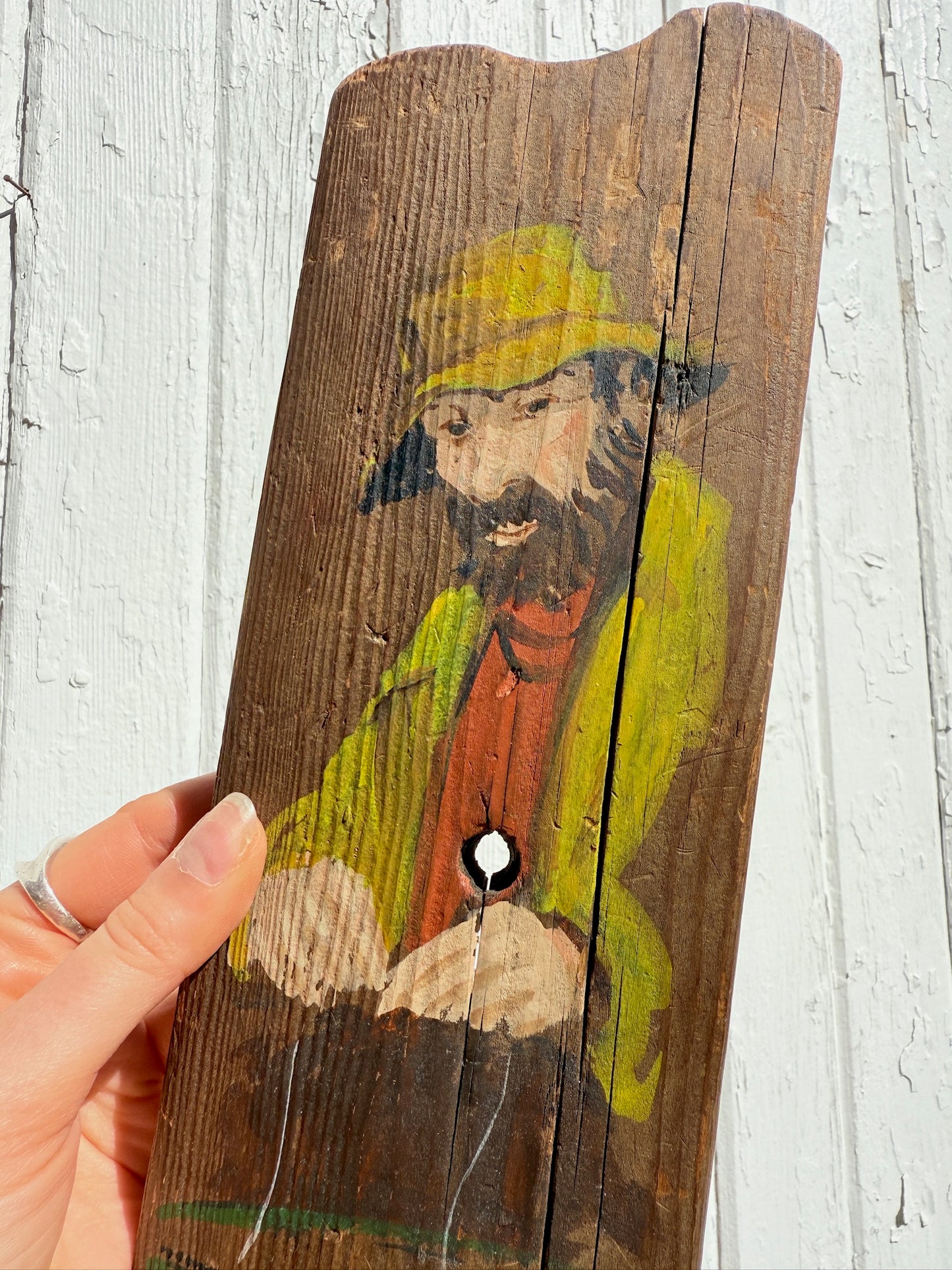 Vintage 1960s Down East Novelties Wood Slab "Fisherman" Oil Painting