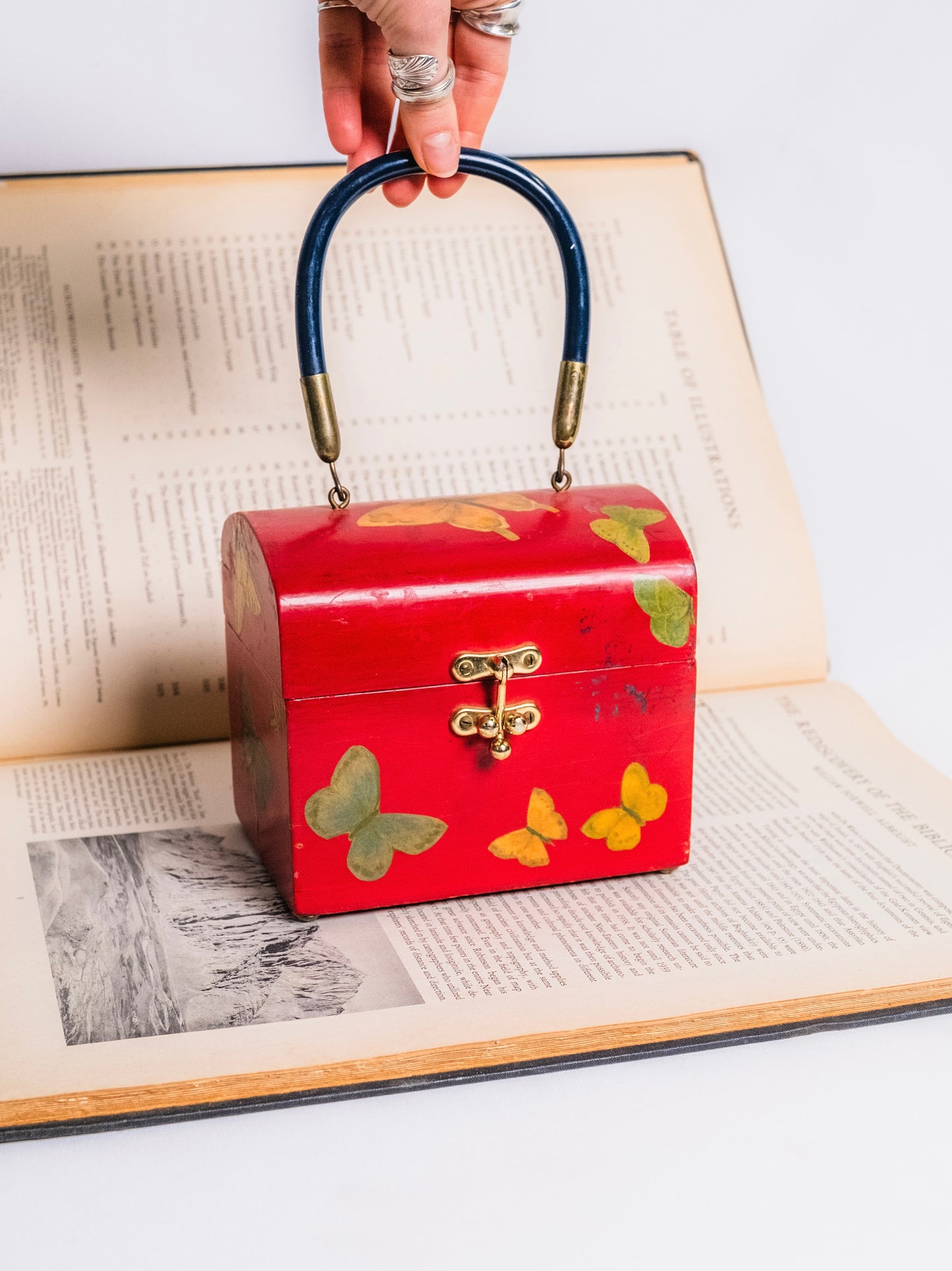 Vintage 1960s Handmade Butterfly Pattern Top Handle Wooden Purse