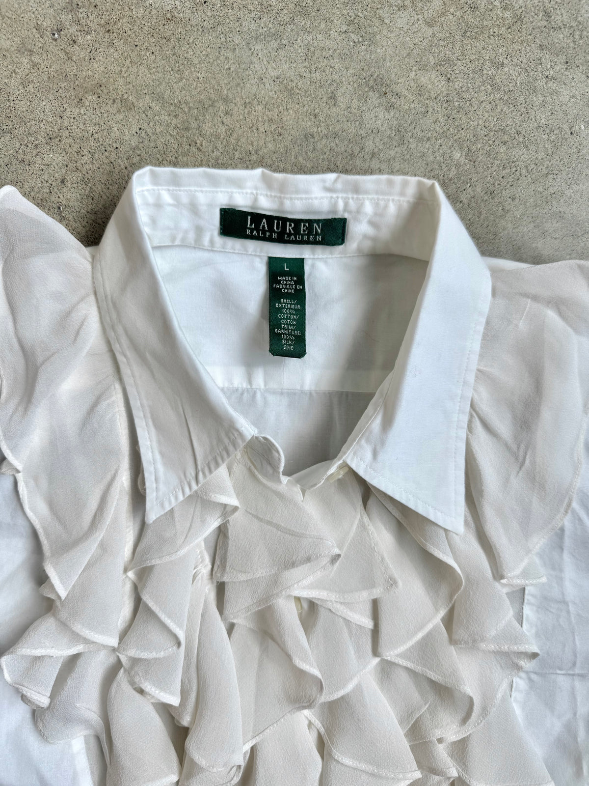 Lauren Ralph Lauren White Silk Ruffle French Cuff Cotton Shirt | Large