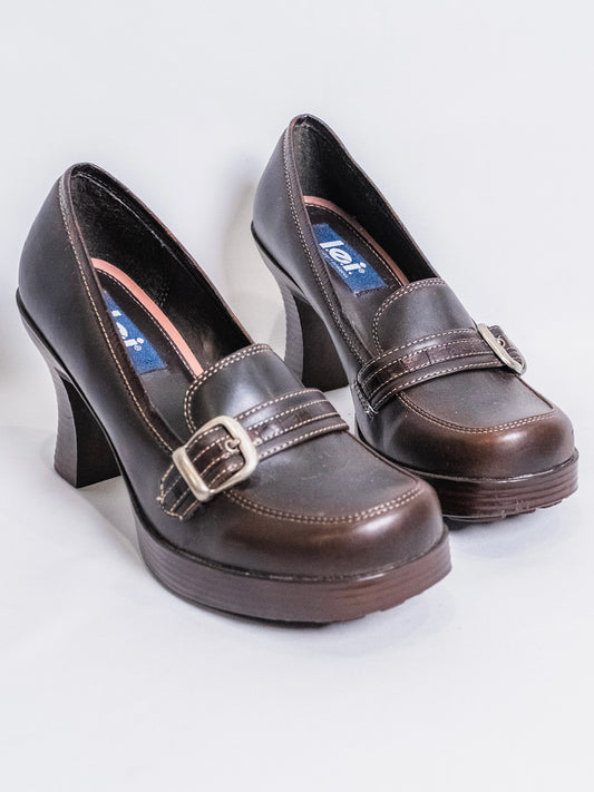 2000s L.E.I. Brown Faux Leather Chunky Loafer Heels | Women’s 8