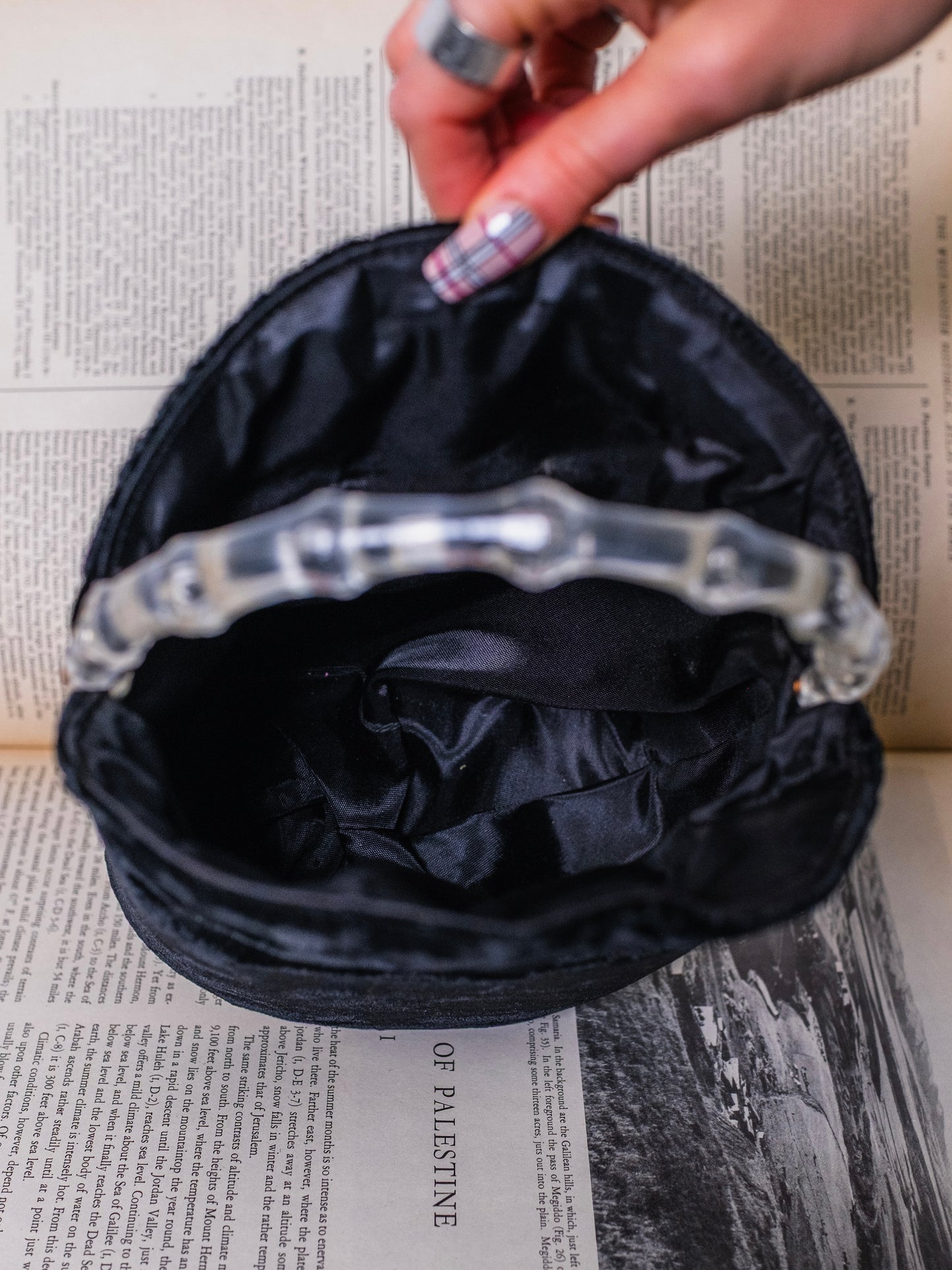 Vintage 1980s Black Velvet Handbag w/ Acrylic Handle