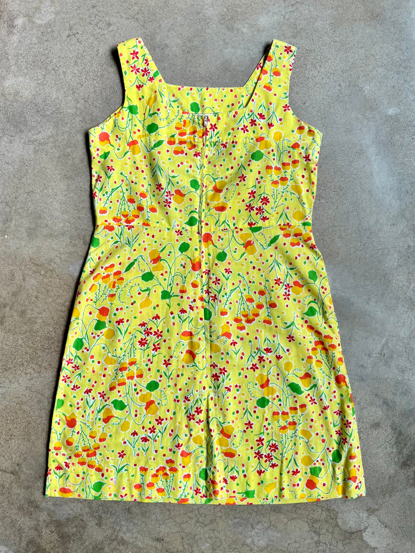 Vintage 1960s Yellow Floral Sleeveless Summer Dress | L/XL