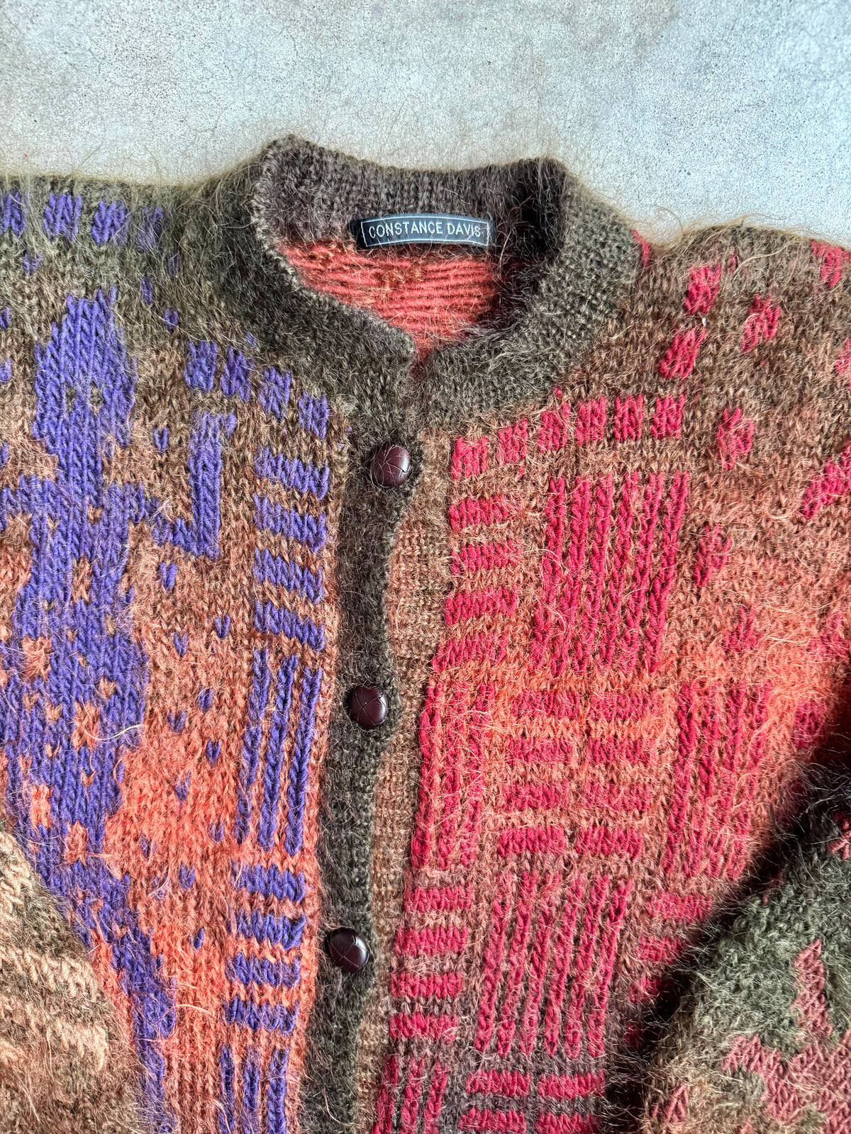 Vintage Constance Davis Geometric Multi-Pattern Mohair Cardigan | Large