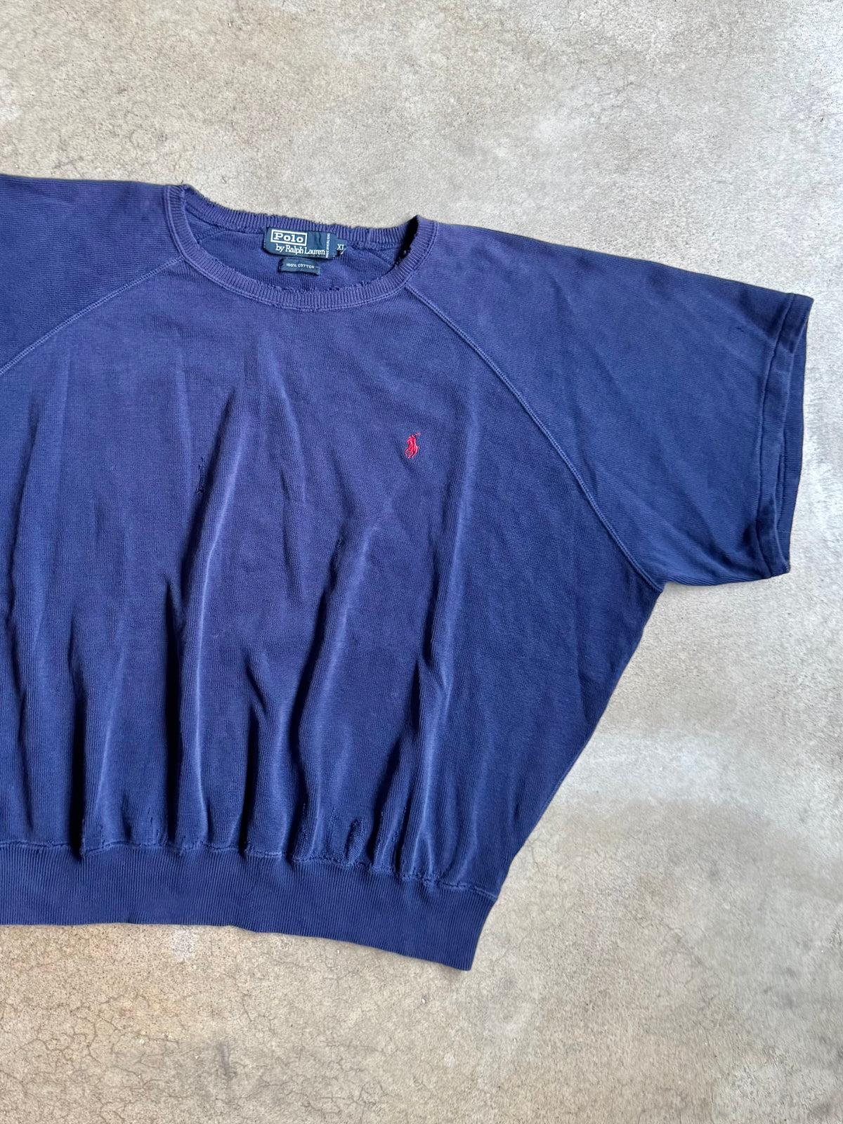 Vintage 1990s Polo Ralph Lauren Distressed Navy Short Sleeve Sweatshirt | XL