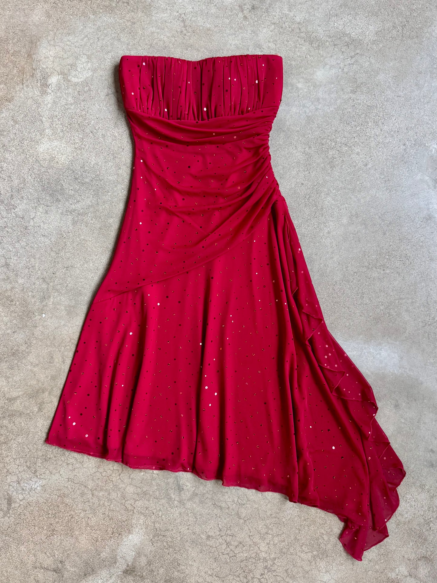 2000s Teeze Me Red Sequin Strapless Ruched Asymmetrical Dress | Small