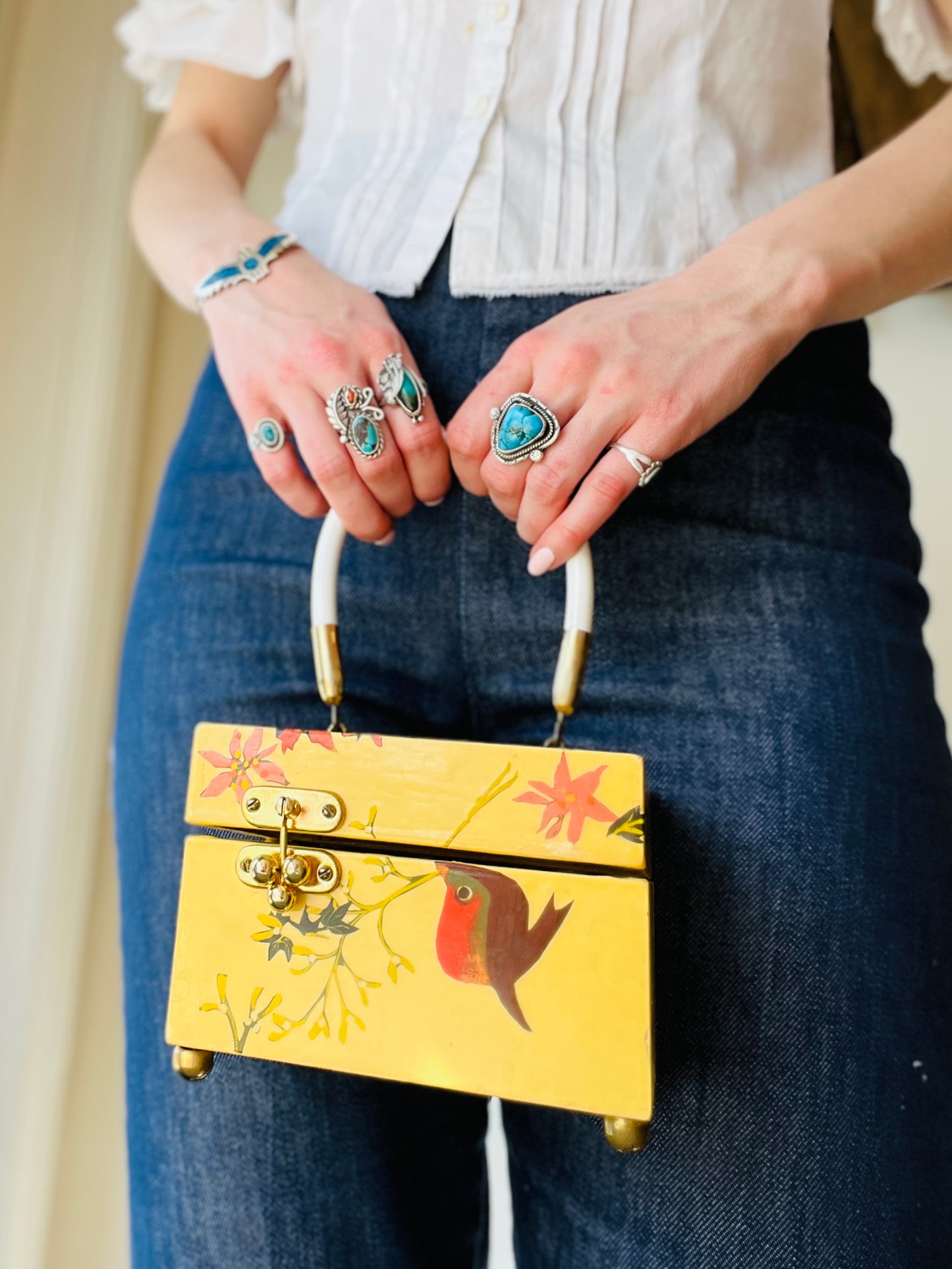 Vintage 1970s Bird Decoupage Wooden Box Purse