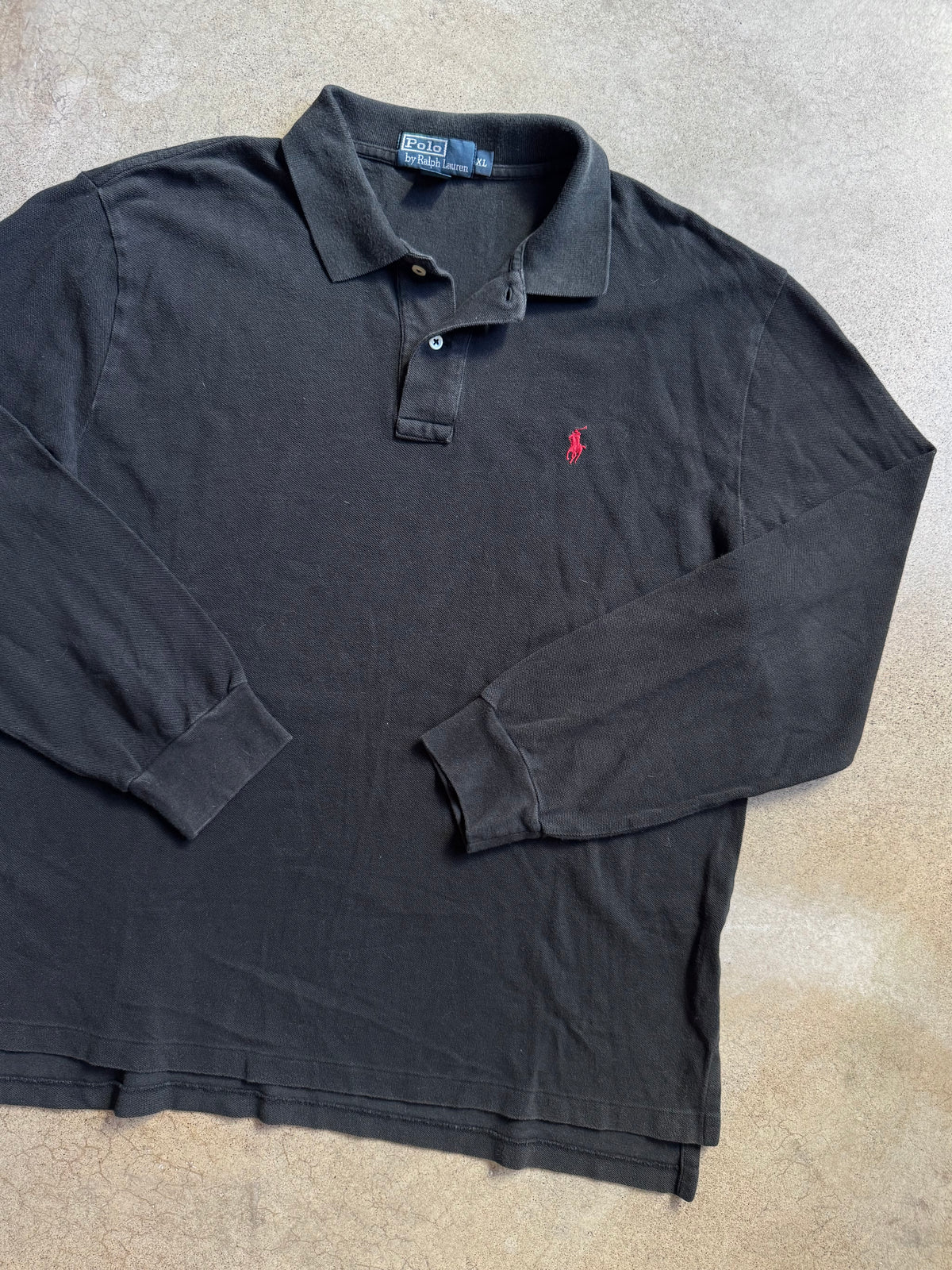 Vintage 1990s Polo Ralph Lauren Black Cotton Long Sleeve Polo Shirt | XL
