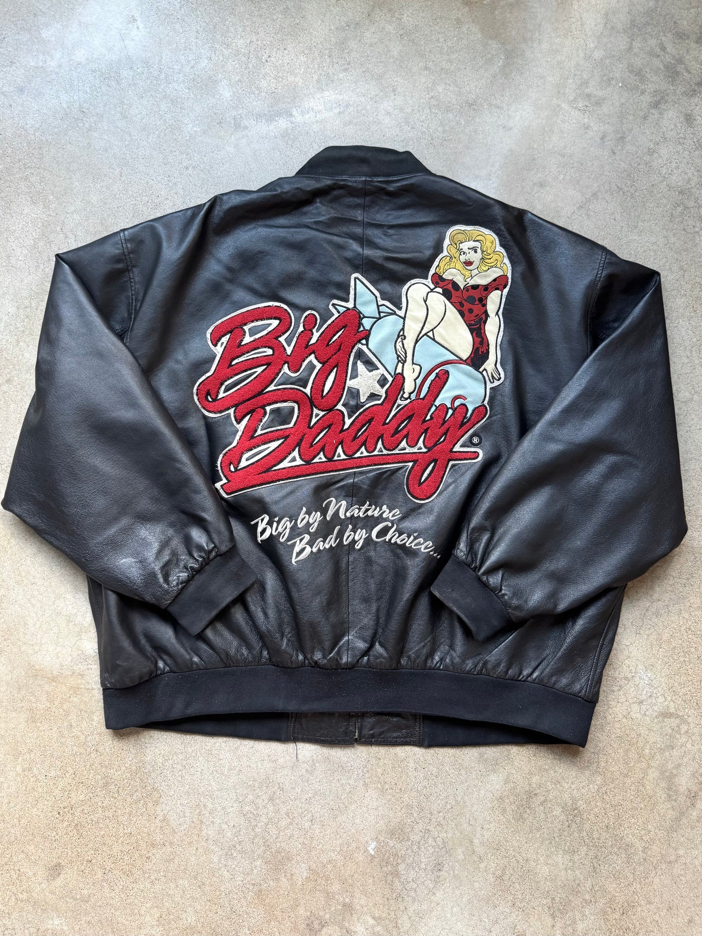 Vintage Big Daddy Embroidered Black Leather Bomber Jacket | 5XL