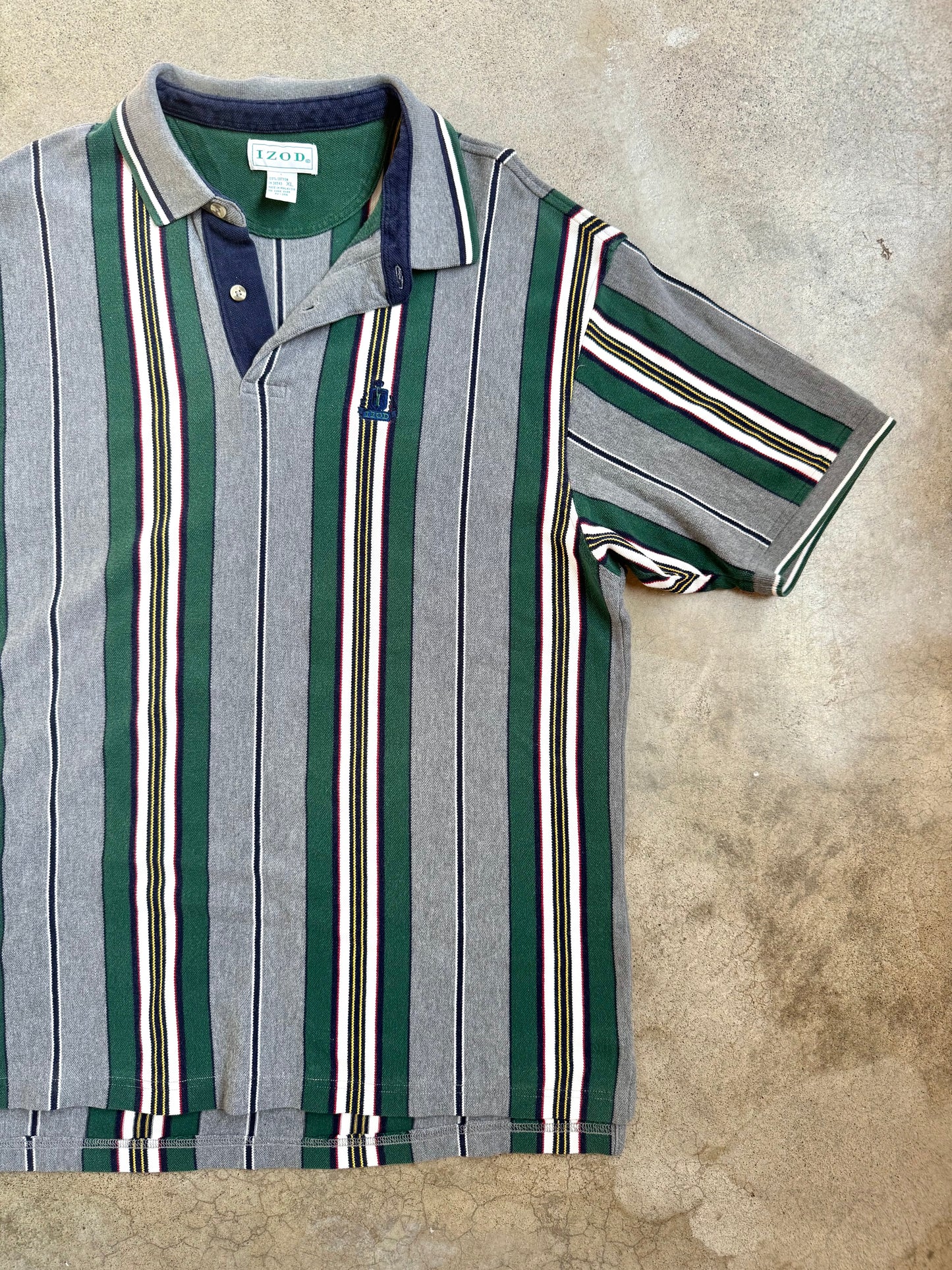 Vintage 1990s Izod Grey & Green Striped Cotton Polo Shirt | XL