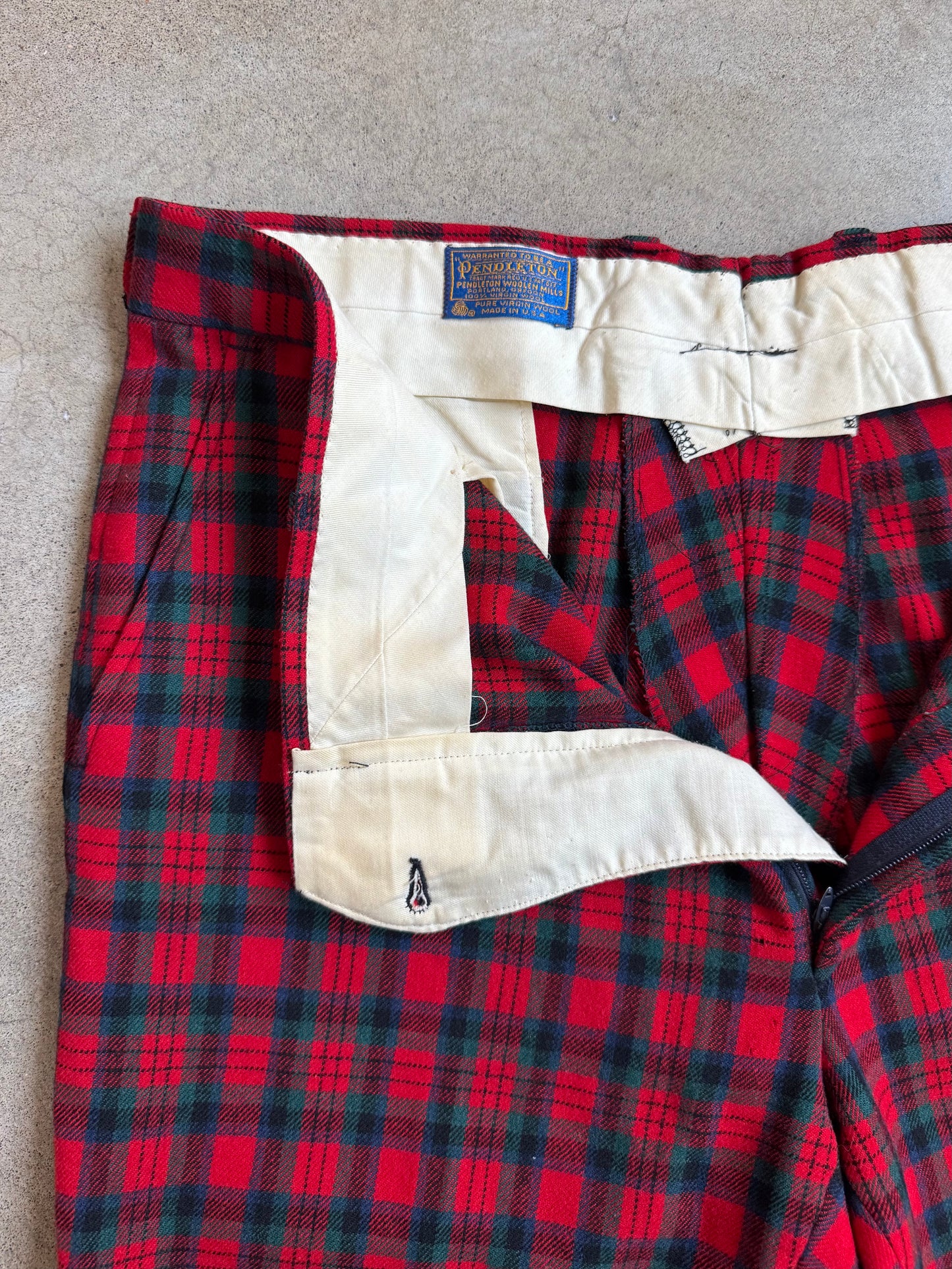 Vintage 1960s Pendleton Red Plaid Wool Trousers | Waist 38”