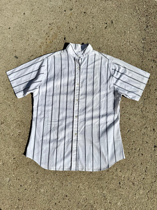 Vintage 1980s Reveille White & Purple Striped High-Neck Button-Up Shirt | Large