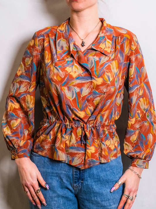 Vintage 1980s Pearl Biso Floral Print Tie-Waist Blouse | Medium