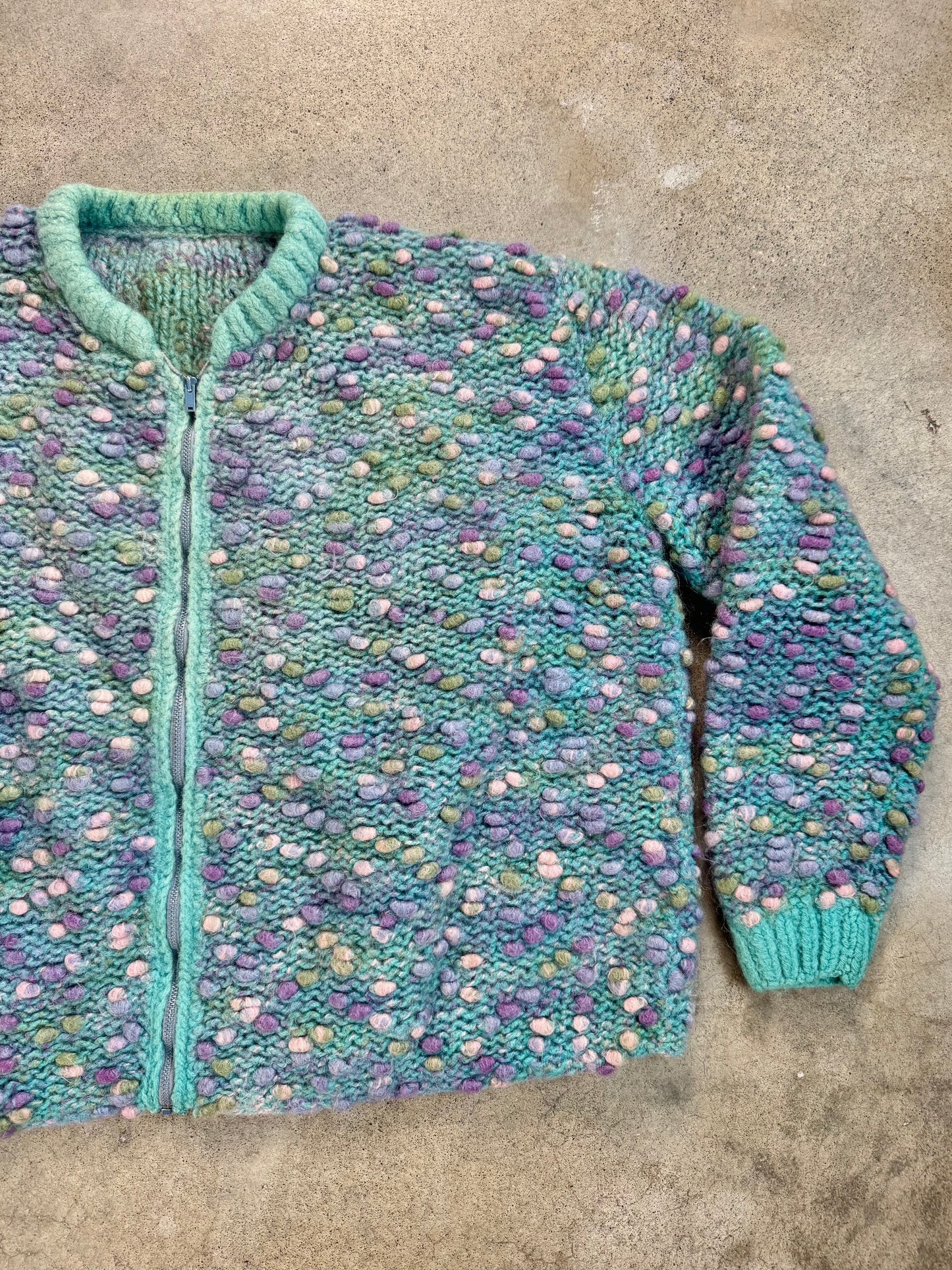 Vintage 1980s Handmade Multi-Color Bobble Knit Zip-Up Sweater | L/XL