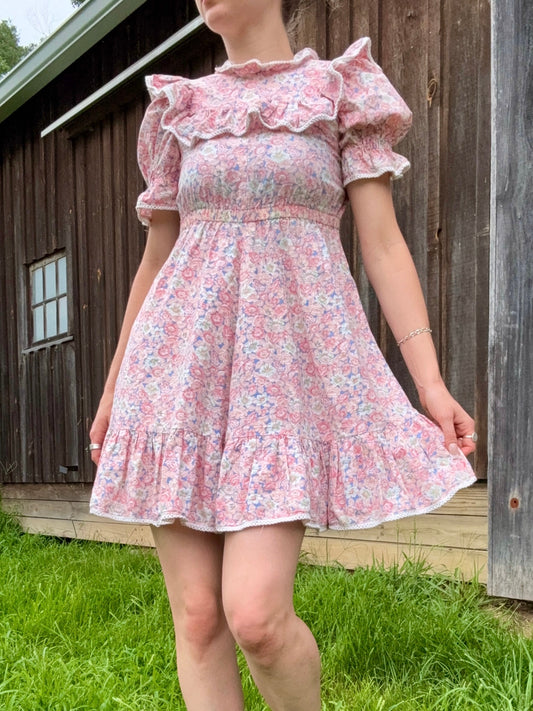 Vintage 1970s Handmade Pink Floral Frilled Collar Babydoll Dress | XS/S