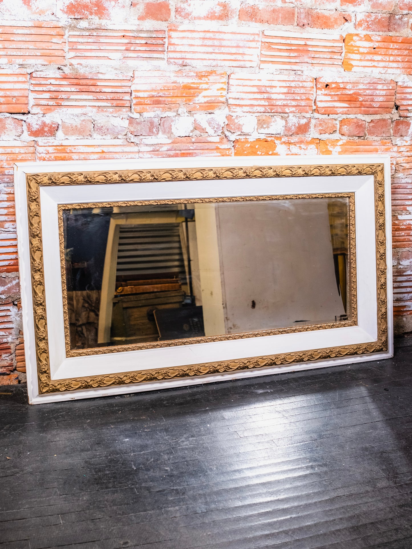 Antique 19th-Century White Frame & Gold Ornate Plaster Molded Border Mirror