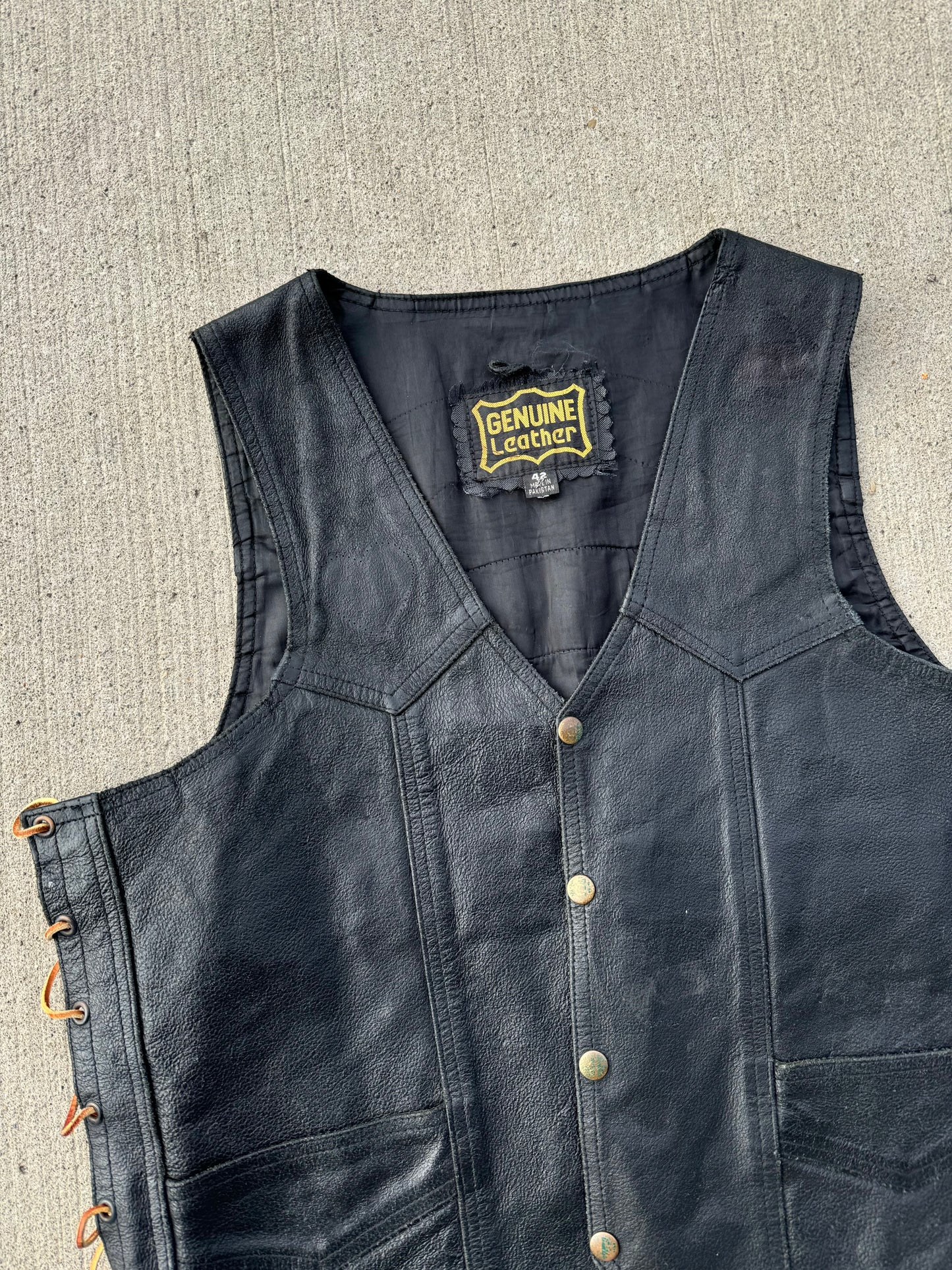 Vintage Lace-Up Western Black Leather Vest | Large