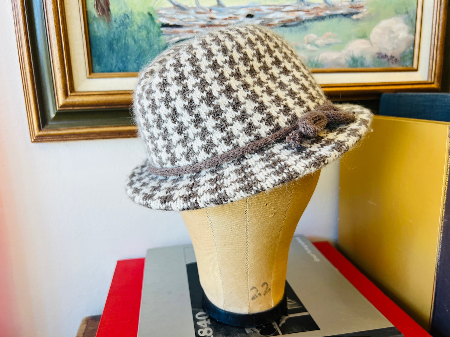 Vintage Neutral Houndstooth Wool Blend Knit Hat