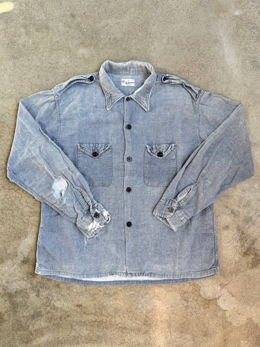 Vintage 1950s Helmsman Blue Soft Twill Distressed Work Shirt | Large