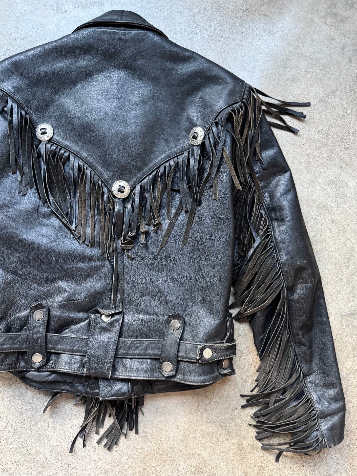 Vintage 1980s Open Road Black Leather Western Fringe Biker Jacket | 40