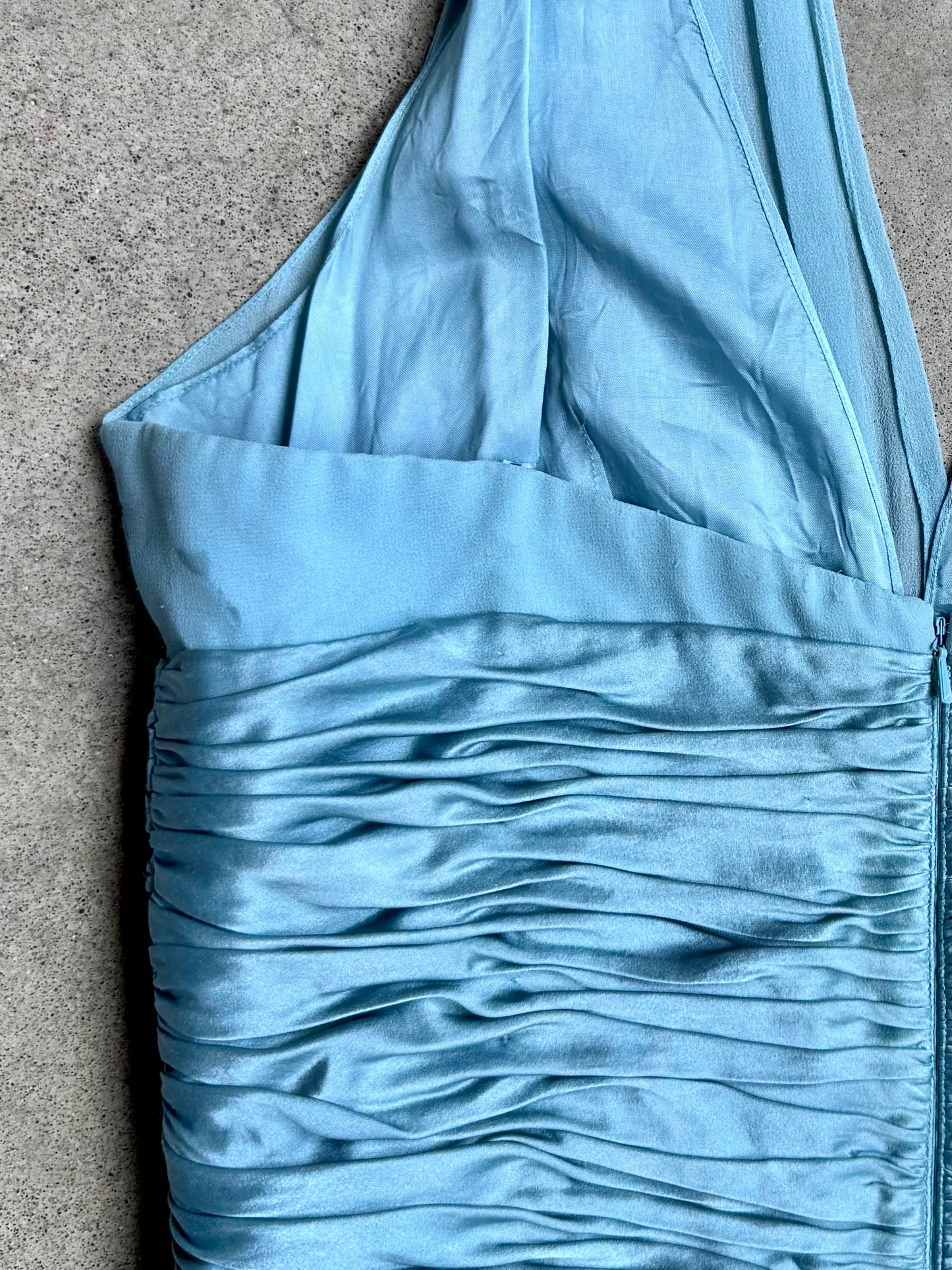 Vintage 1990s Maggy London Baby Blue Silk Halter Dress | Large