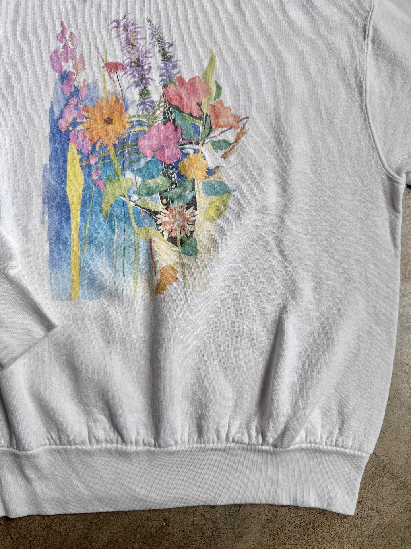 Vintage 1990s Marian Steen Watercolor Flowers Graphic Crewneck Sweatshirt | Large