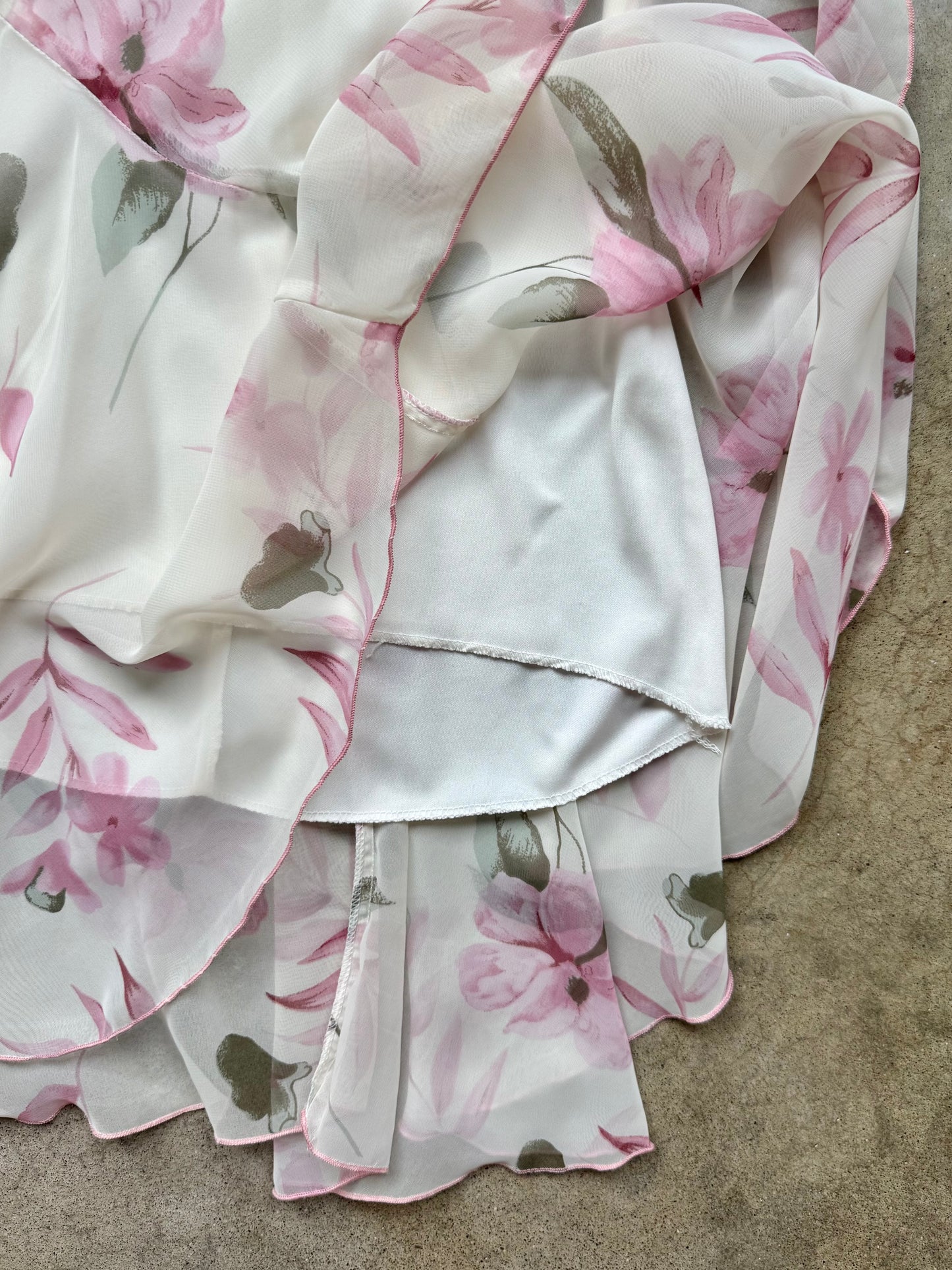 Vintage Y2K White & Pink Floral Print Chiffon Cowl Neck Sleeveless Dress | XS