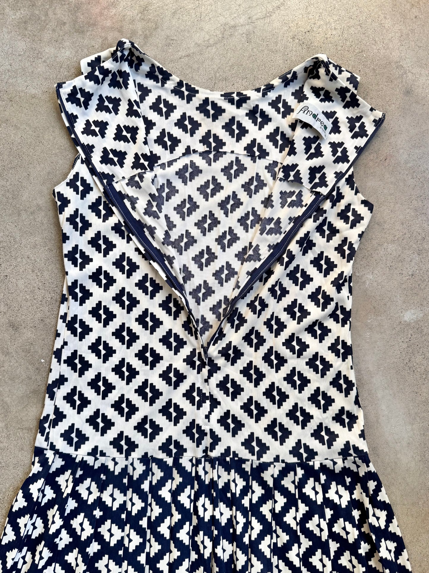Vintage 1960s Andrea Gayle Blue & White Geometric Pattern Drop Waist Dress | S/M