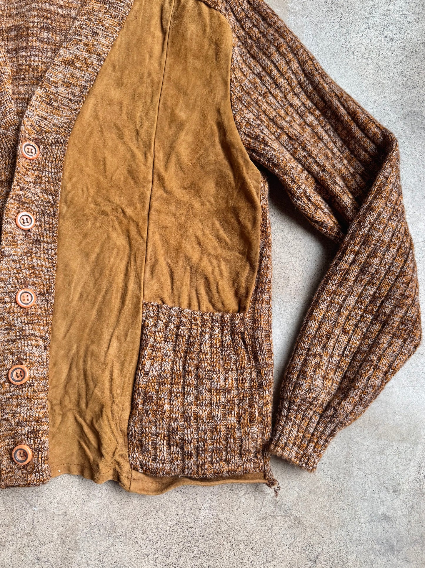 Vintage 1960s Brown Marled Wool & Suede Leather Cardigan | Medium