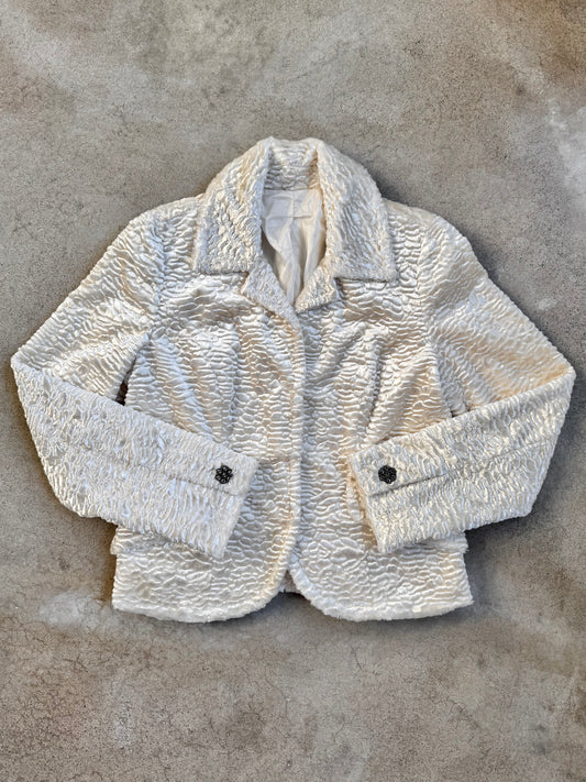 Vintage White Faux Fur Rhinestone Button Jacket | Small