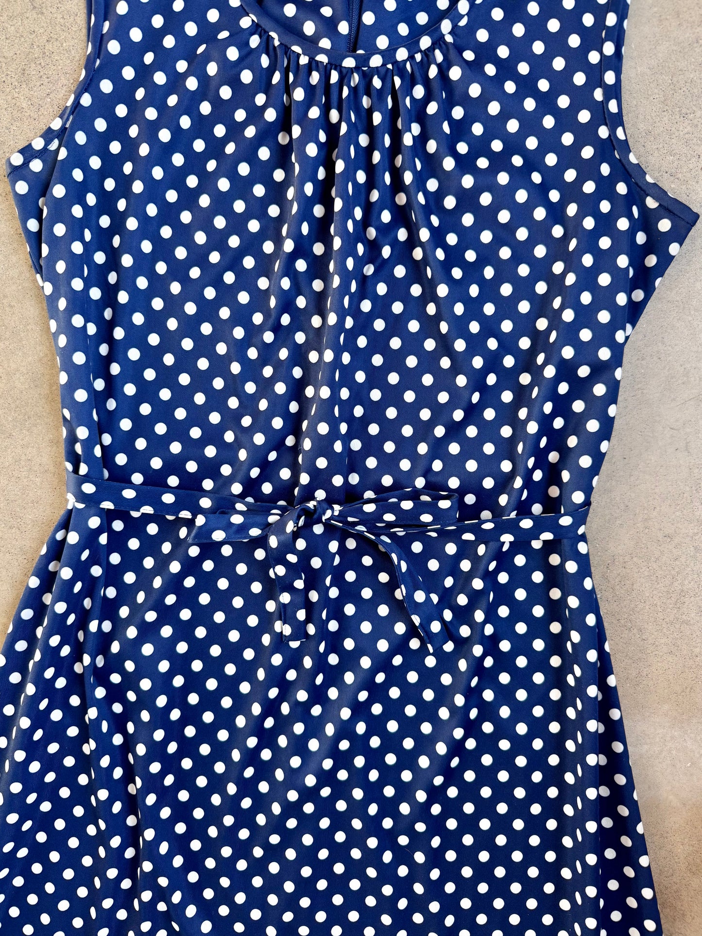 Vintage 1970s Three R’s Navy & White Polka Dot Tie-Waist Dress | Large