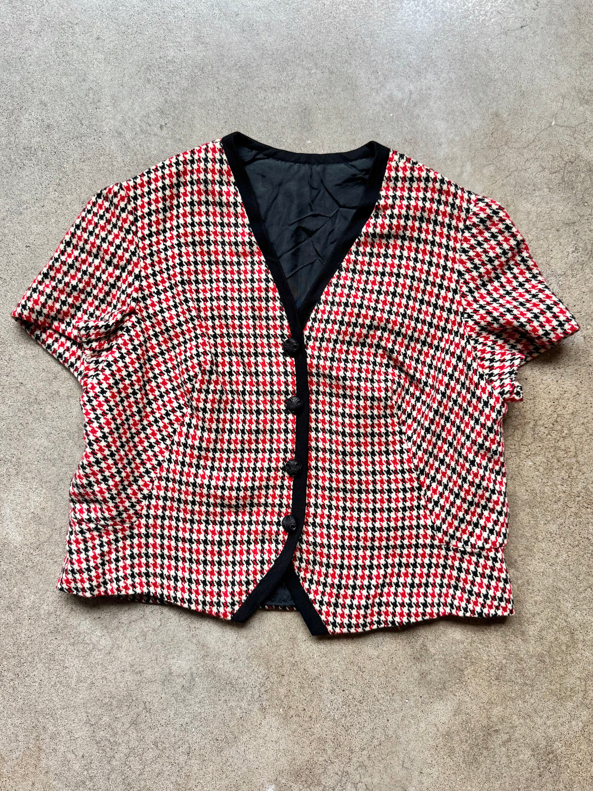 Vintage 1960s Red & Black Houndstooth Wool Short Sleeve Blouse | Small