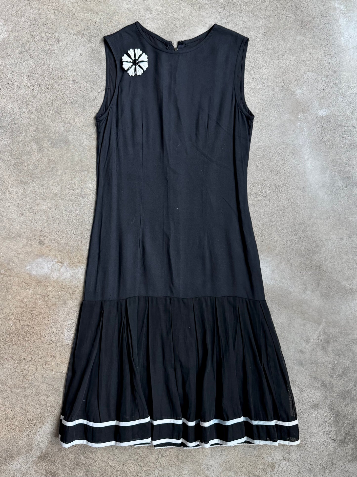 Vintage 1960s Sophisticates Black Drop Waist Pleated Dress w/ Flower Pin | XS