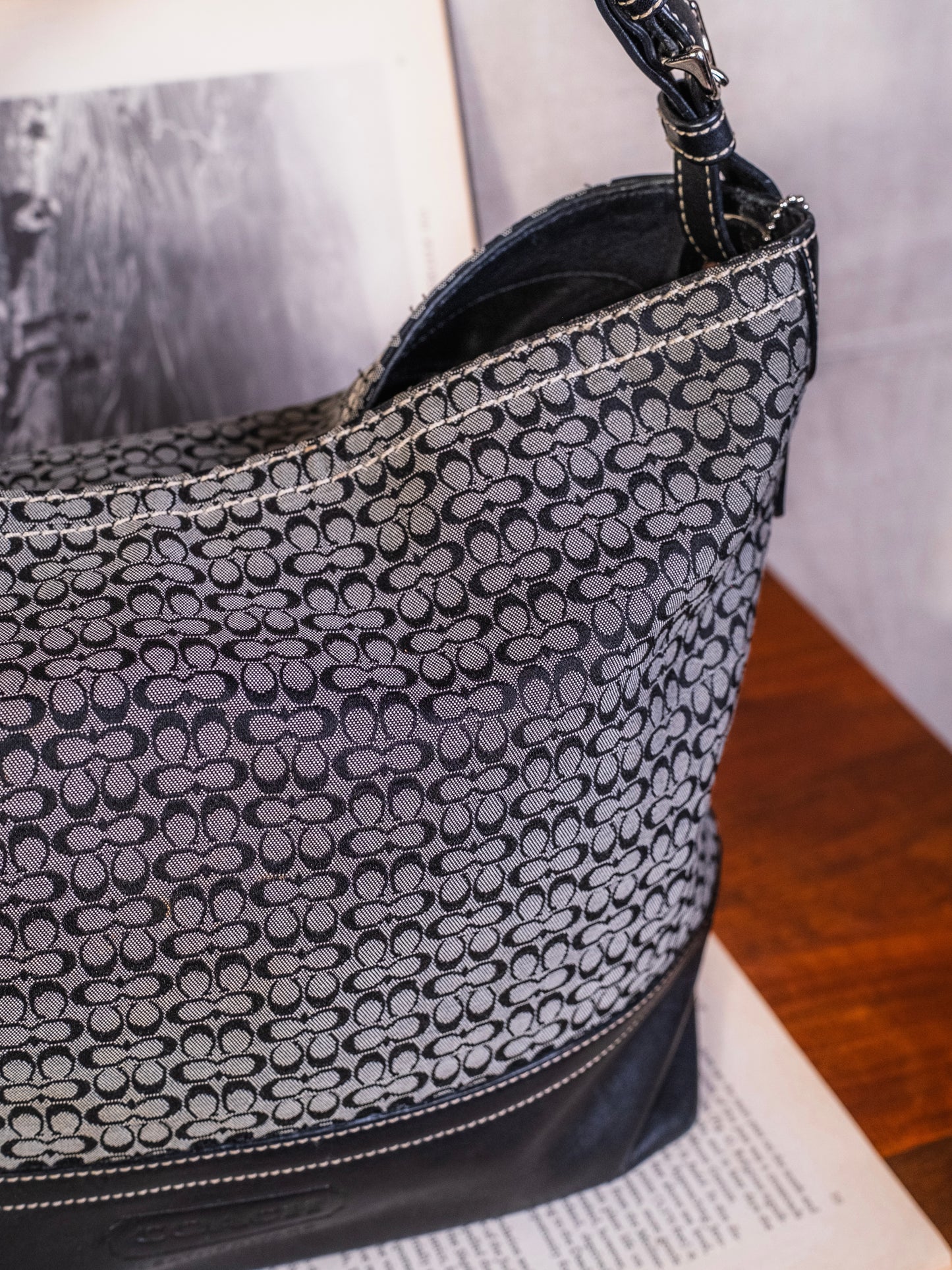 2000s Coach Black & Grey Signature Hobo Shoulder Bag | Style No. F11666