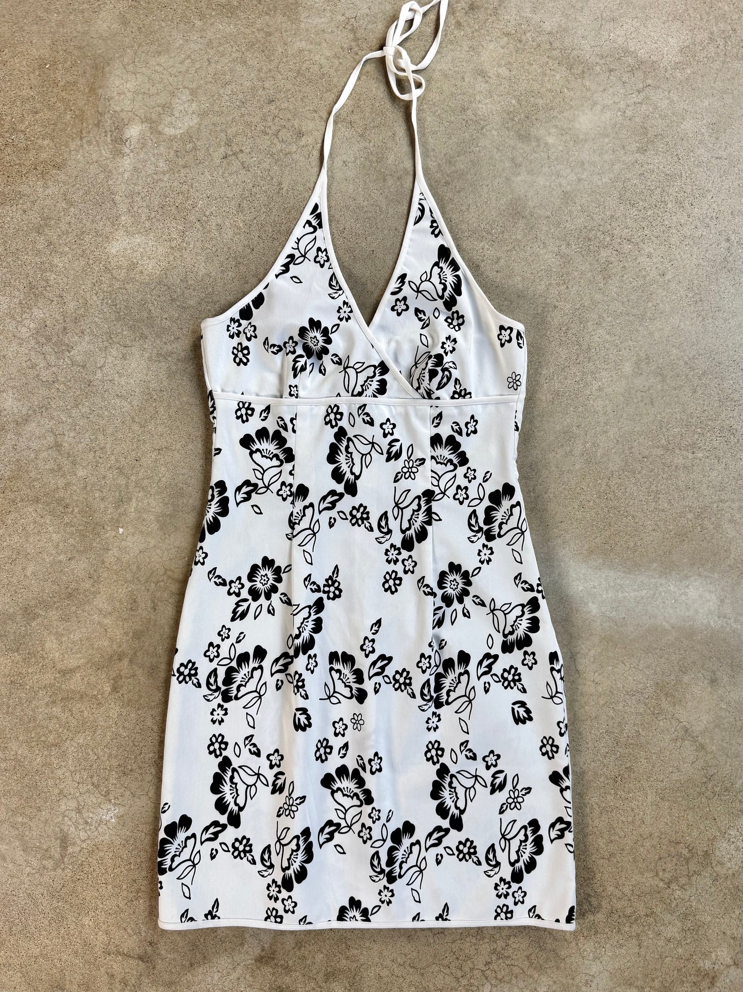 Vintage 1990s City Triangles Black & White Floral Halter Dress | S/M