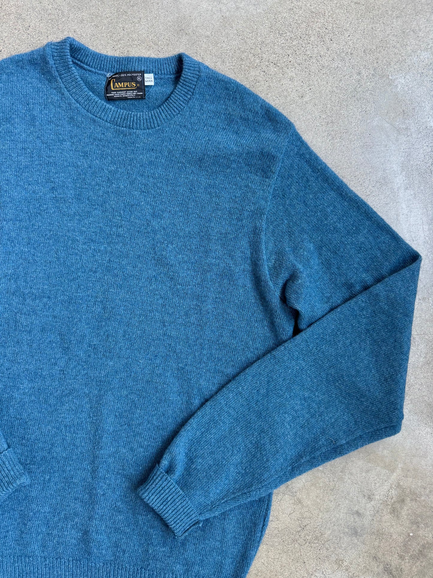 Vintage 1960s Campus Blue Wool-Blend Crewneck Sweater | XL Tall