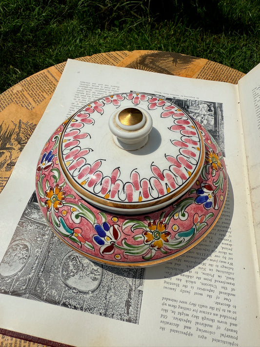 Vintage 1950s/60s Signed Hand-Painted Porcelain Bonbonniére Dish w/ Lid